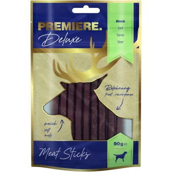 Deluxe Meat Sticks 90g Hirsch Premiere Deluxe Fleischsticks für Hunde, mit einer Silhouette eines Rehs, beschriftet mit "Hirsch" und "90g", mit dem Hinweis, dass es sich um weiche Leckerlis handelt.