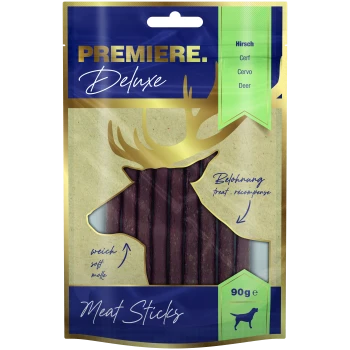 Premiere Deluxe Fleischsticks für Hunde, mit einer Silhouette eines Rehs, beschriftet mit "Hirsch" und "90g", mit dem Hinweis, dass es sich um weiche Leckerlis handelt.
