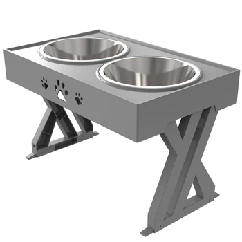 Graue erhöhte Futterstation für Haustiere mit zwei Edelstahlschüsseln und Pfotenabdruckdesigns auf der Vorderseite.