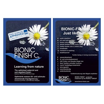 BIONIC FINISH® C6 Produktetikett mit einer Gänseblümchen, das Wasser-/Ölabweisung, Atmungsaktivität und Pflegehinweise in Englisch und Deutsch hervorhebt.