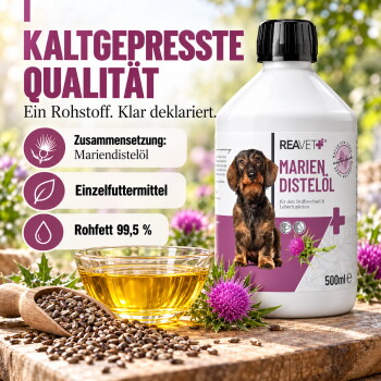 Etikett für REAVET Marien Distelöl, mit einem Dackel, das die Vorteile für die Leberfunktion und den Stoffwechsel hervorhebt, 500ml.