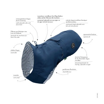 Ein wasserdichter Hundemantel in Marineblau mit gestreiftem Innenfutter, mit verstellbarem Kragen, Taillengurt und Öffnungen für die Leinenbefestigung.