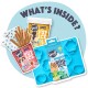 Produkty lodowe Snoof pup: pojemnik z mieszanymi smakami, lody na patyku, niebieska foremka dla psa, z tekstem "WHAT'S INSIDE?"