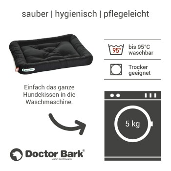 Schwarzes Hundebett von Doctor Bark, gekennzeichnet mit "sauber | hygienisch | pflegeleicht", maschinenwaschbar bis 95°C, trocknergeeignet, mit Anweisungen.