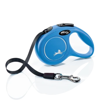 Blue retractable dog leash with a black strap and silver clip, featuring a playful dog silhouette and "Made in Germany" text.