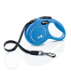 Blue retractable dog leash with a black strap and silver clip, featuring a playful dog silhouette and "Made in Germany" text.