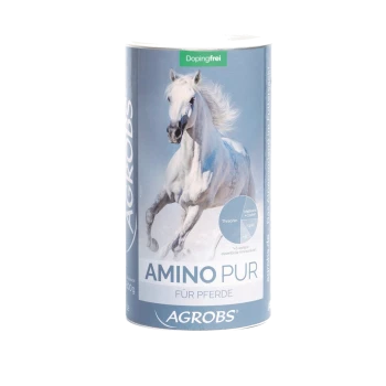 Behälter von AGROBS Amino Pur für Pferde, mit einem galoppierenden weißen Pferd auf dem Etikett, mit dem Hinweis, dass es dopingfrei ist.