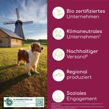 Schwarzer Behälter mit "Magen & Darm Leckerli" Hundefutterergänzung, mit Text, der hervorhebt, dass es 100% natürlich ist, Flohsamenschalen enthält und pflanzliche Aktivkohle.