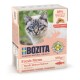 Katzenfutterverpackung mit einer Nahaufnahme einer blauäugigen Katze, beschriftet mit "BOZITA Fresh Menu Nordic Waters Lachs," mit 89% tierischen Zutaten.