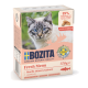 Katzenfutterverpackung mit einer Nahaufnahme einer blauäugigen Katze, beschriftet mit "BOZITA Fresh Menu Nordic Waters Lachs," mit 89% tierischen Zutaten.