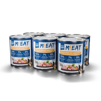 Sechs Dosen Nutri QM M!EAT Hundefutter für Erwachsene, reich an Huhn mit Karotten, zeigt 93 % Fleisch, 7 % Gemüse, 0 % Zuckerzusatz.