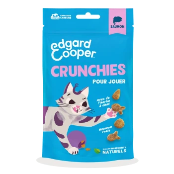 Pochette Edgard Cooper Crunchies pour friandises, bleue avec dessin de chat et croquettes ; textes 'Crunchies', 'Pour jouer', 'Saumon'.
