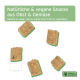Natürliche und vegane Snacks aus Früchten und Gemüse, auf einem hellgrünen Hintergrund präsentiert, mit einer Größenreferenz von etwa 1 cm.