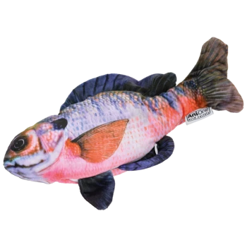 Plüsch-Fischspielzeug mit realistischen orangefarbenen, lila und schwarzen Farben und einem Etikett mit der Aufschrift „AniOne Wild variety“.