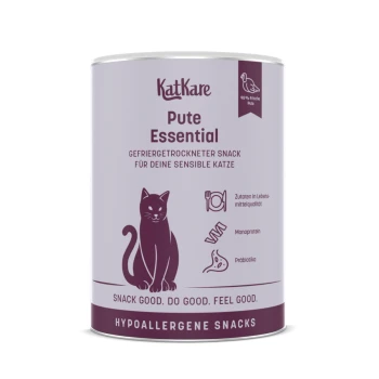 KatKare 'Pute Essential' lavendelfarbene Dose, violette Katzengrafik; 'Pute Essential', 'Snack gut. Tu Gutes. Fühl dich gut.', 'Hypoallergene Snacks'