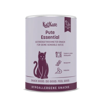 KatKare 'Pute Essential' lavendelfarbene Dose, violette Katzengrafik; 'Pute Essential', 'Snack gut. Tu Gutes. Fühl dich gut.', 'Hypoallergene Snacks'