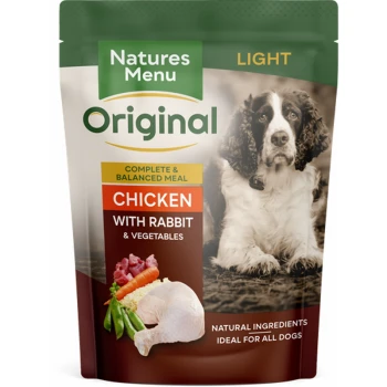 Dog food packaging featuring "Natures Menu Original Light" with a photo of a dog, labeled "Chicken with Rabbit & Vegetables."