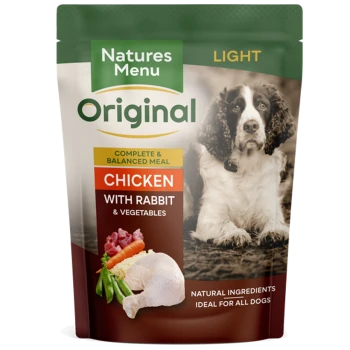 Dog food packaging featuring "Natures Menu Original Light" with a photo of a dog, labeled "Chicken with Rabbit & Vegetables."