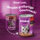 Whiskas Katzenfutterdosen mit neuem Design, mit einem grauen Kater und dem Text: 'Neuer Look, derselbe großartige Geschmack!'