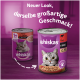Boîtes de nourriture pour chats Whiskas avec un nouveau design, présentant un chat gris et le texte : 'Neuer Look, derselbe großartige Geschmack !'
