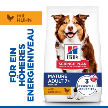 Hill's Science Plan Hundefutterbeutel mit lächelndem Hund — Mature Adult 7+ Medium, mit Huhn, 3 wesentliche Vorteile