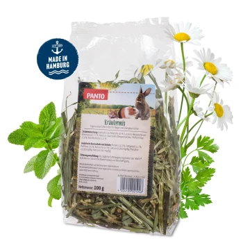 Eine Tüte PANTO Kräutermix für Kaninchen und Meerschweinchen, mit getrockneten Kräutern und Gräsern, mit einem Kaninchen und einem Meerschweinchen auf dem Etikett.