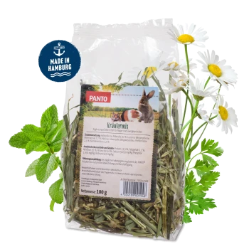 Eine Tüte PANTO Kräutermix für Kaninchen und Meerschweinchen, mit getrockneten Kräutern und Gräsern, mit einem Kaninchen und einem Meerschweinchen auf dem Etikett.