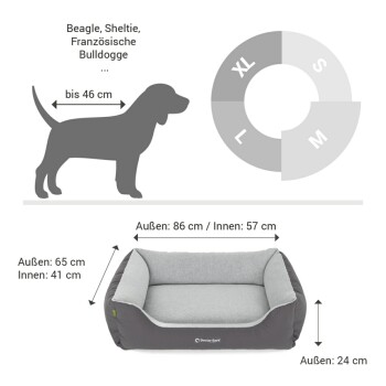 Maßstab und Größenleitfaden für Hundebetten für Rassen wie Beagle und Französische Bulldogge; äußere Größe 86 cm, innere Größe 57 cm, Höhe 24 cm.