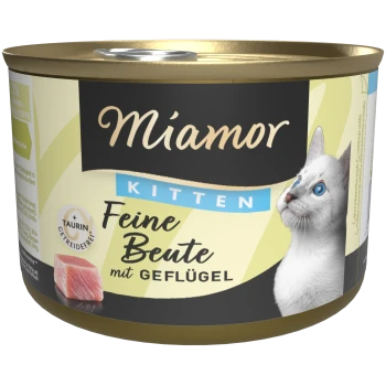 Miamor Feuchtfutterdose für Kätzchen mit der Aufschrift 'Feine Beute mit Geflügel', blauäugigem weißem Kätzchen und Fleischabbildung.
