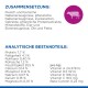 Tierfutterverpackung mit Zutatenliste auf Deutsch, die Fleisch, tierische Nebenprodukte und eine Nährwertanalyse einschließlich Protein, Fett und Vitaminen detailliert.