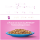 Image d'un bol bleu rempli de nourriture pour chat, avec un fond violet affichant des recommandations de repas quotidiennes pour les chats en fonction de leur poids.