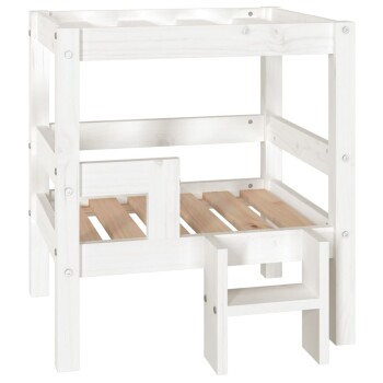 Weißes Holzhaustierbett mit slatted Basis und einer kleinen Stufe, entworfen für einfachen Zugang für Haustiere.