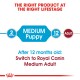 Infographic showing pet food guidelines: "Medium Puppy" for 2 months to 12 months, then switch to "Royal Canin Medium Adult."