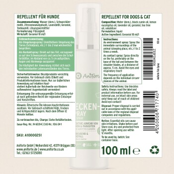 100 ml Abwehrspray für Hunde und Katzen mit Wasser, schwarzem Kümmel, Eukalyptus, Lavendel, Geraniol und Teebaumöl. Anweisungen enthalten.