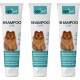 Drei Tuben OptiPet Shampoo, beschriftet mit "SHAMPOO CARE," mit einem flauschigen Pomeranian und mehrsprachigen Vorteilen von Haferprotein.
