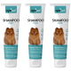 Drei Tuben OptiPet Shampoo, beschriftet mit "SHAMPOO CARE," mit einem flauschigen Pomeranian und mehrsprachigen Vorteilen von Haferprotein.
