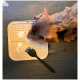 Ein kleiner Hund schnüffelt an einer beigen Futtermatte mit Futterresten, begleitet von einem schwarzen Spatel.