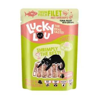 Poche de filet de thon "Lucky Lou" avec crevettes pour chats, mettant en avant un chat noir et le texte "Shrimply the Best!" et "Protein Power."