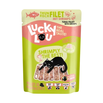 Tüte "Lucky Lou" Thunfischfilet mit Garnelen für Katzen, mit einer schwarzen Katze und dem Text "Shrimply the Best!" und "Protein Power."