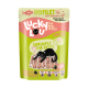 Torebka "Lucky Lou" z tuńczykiem w filecie z krewetkami dla kotów, z czarnym kotem i tekstem "Shrimply the Best!" oraz "Protein Power."
