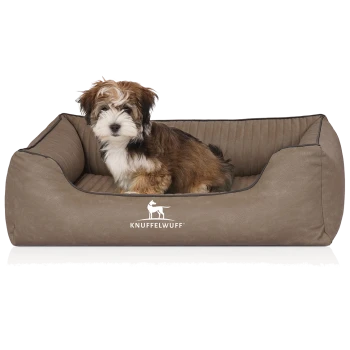 Ein kleiner, flauschiger Welpe mit braunem und weißem Fell sitzt in einem gemütlichen, taupefarbenen Hundebett mit dem Logo "KNUFFELWUFF".
