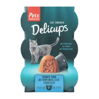 "Delicups" opakowanie przysmaków dla kotów od Pets Unlimited, z szarym kotem, przysmakiem z tuńczyka i tekstem: 'Tender Tuna' oraz 'Every day 6x one treat.'