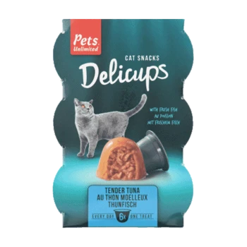 "Delicups" opakowanie przysmaków dla kotów od Pets Unlimited, z szarym kotem, przysmakiem z tuńczyka i tekstem: 'Tender Tuna' oraz 'Every day 6x one treat.'