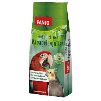 Eine Tüte Panto-Vogelfutter mit einem roten Ara und einem Nymphensittich, mit Vorteilen wie "Prächtige Federn" und "Vitalität & Wohlbefinden."