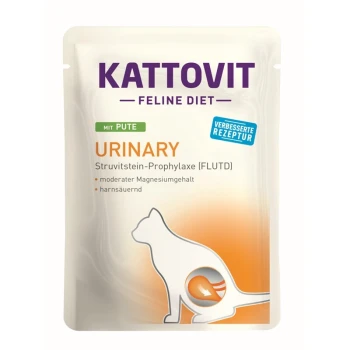 Pochette de nourriture pour chats Kattovit Feline Diet Urinary avec de la dinde, présentant un texte sur la prévention des pierres de struvite, un magnésium modéré et l'acidification urinaire.