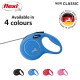 Blue retractable dog leash with black and white cord, shown with black, red, and pink versions; text says "Available in 4 colours."