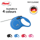 Blue retractable dog leash with black and white cord, shown with black, red, and pink versions; text says "Available in 4 colours."