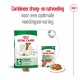 Royal Canin hondenvoer verpakking met een zak droogvoer gelabeld 'mini adult 8+' en een zak natvoer, met een tekst die optimale voeding promoot.