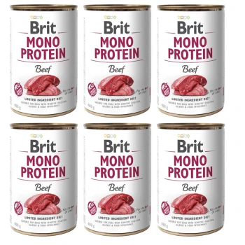Sześć puszek karmy dla psów Brit Mono Protein Beef, każda oznaczona jako "Limited Ingredient Diet" i odpowiednia dla psów z wrażliwym trawieniem.