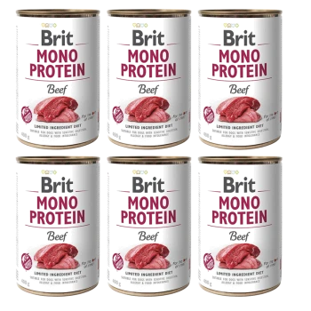 Sechs Dosen Brit Mono Protein Rindfleisch-Hundefutter, jede mit "Limited Ingredient Diet" beschriftet und geeignet für Hunde mit empfindlicher Verdauung.